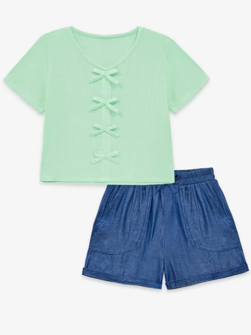 Cutie Patootie 2pc Mint Ribbed knit/ Chambray short set